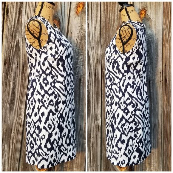 Linen Ikat Print Dress Ann Taylor LOFT Sz 0 Navy White Sleeveless Ruffle Collar - Picture 2 of 9